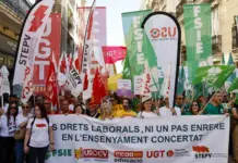 Profesores concentrados ante Les Corts Valencianes durante una jornada de huelga