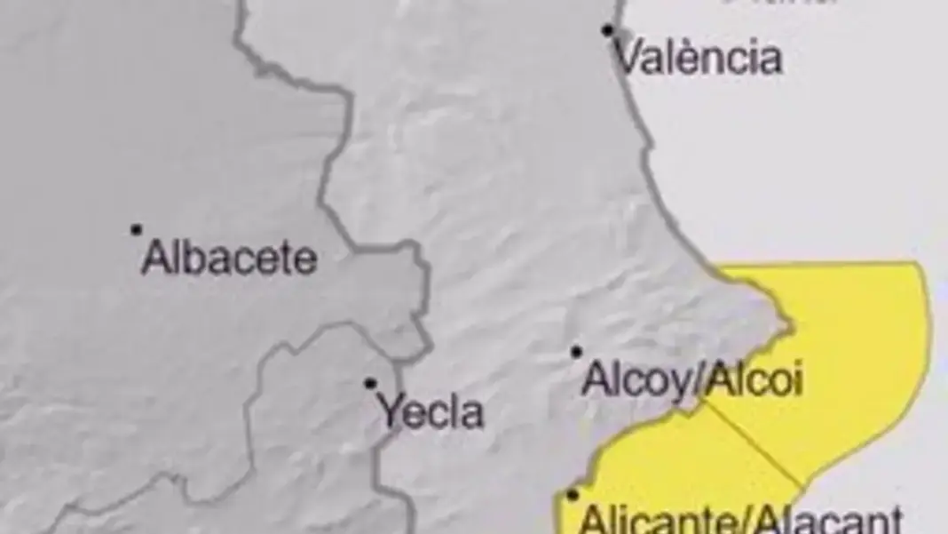 Mapa de Aemet con aviso amarillo por temporal marítimo en el litoral de Alicante