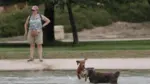 Perros bañándose en una fuente de los jardines del antiguo cauce del Turia durante una ola de calor