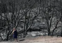 Una mujer observa los efectos de un incendio mientras bomberos refrescan la zona afectada