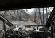 Bomberos inspeccionan zonas afectadas por un incendio en La Vall d’Uixó, tras las labores de estabilización.