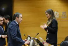 Rosa Álvarez conversa con el diputado Fernando Pastor en Les Corts