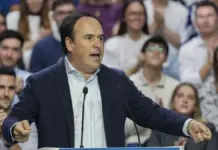 Juan Francisco Pérez Llorca interviene durante la clausura de un mitin del PP en el Palau de les Arts de Valencia.