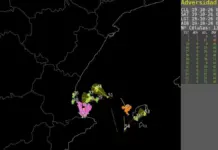 Radar de Aemet con intensidad de tormenta en Pego-Oliva; se moviliza la UME por avisos de inundaciones en Oliva.